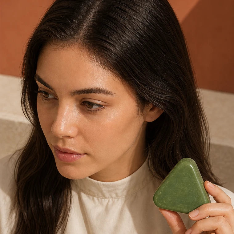 Cheveux après le rituel, avec le savon vert en main