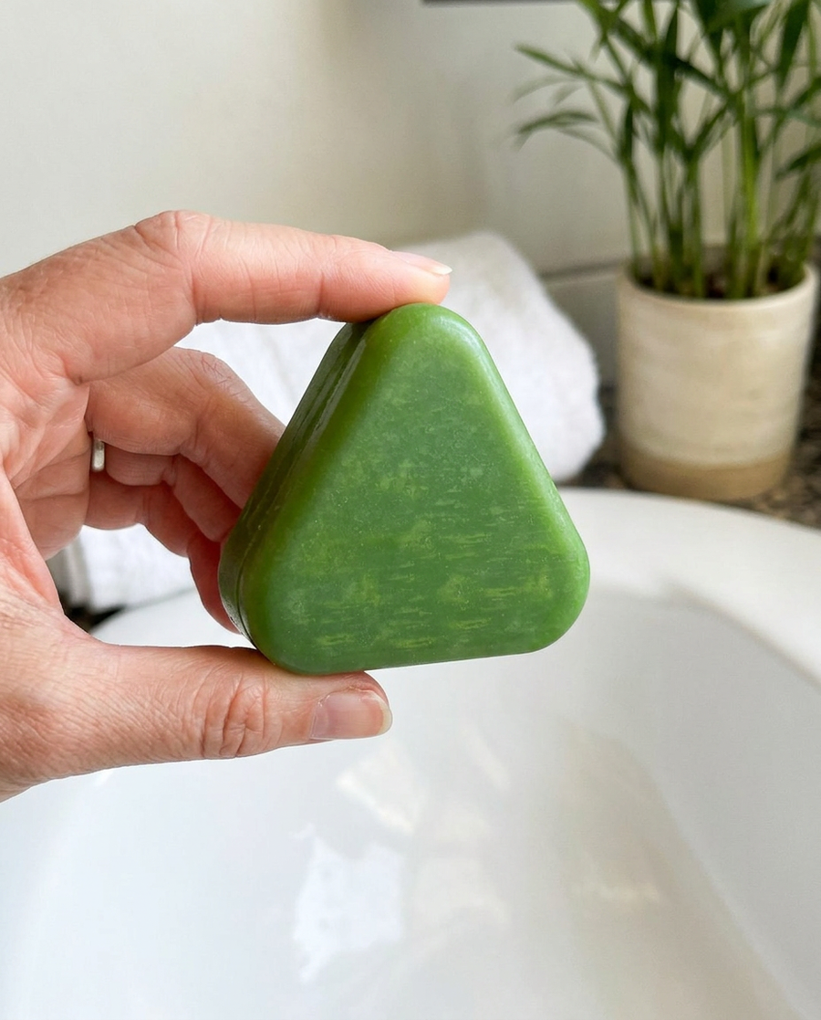 Photo client : le savon en main au-dessus du lavabo