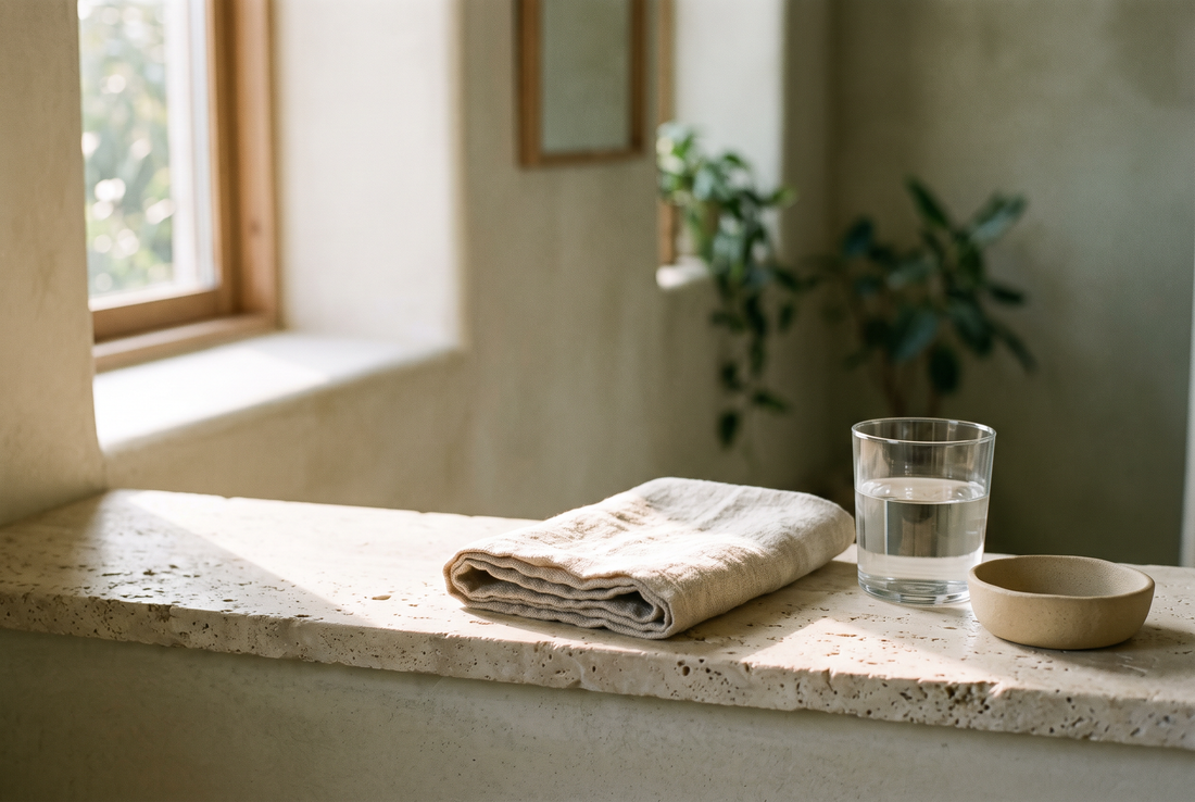 Serviette en lin pliée, verre d'eau et coupelle en céramique sur une tablette de pierre, dans la lumière du matin.