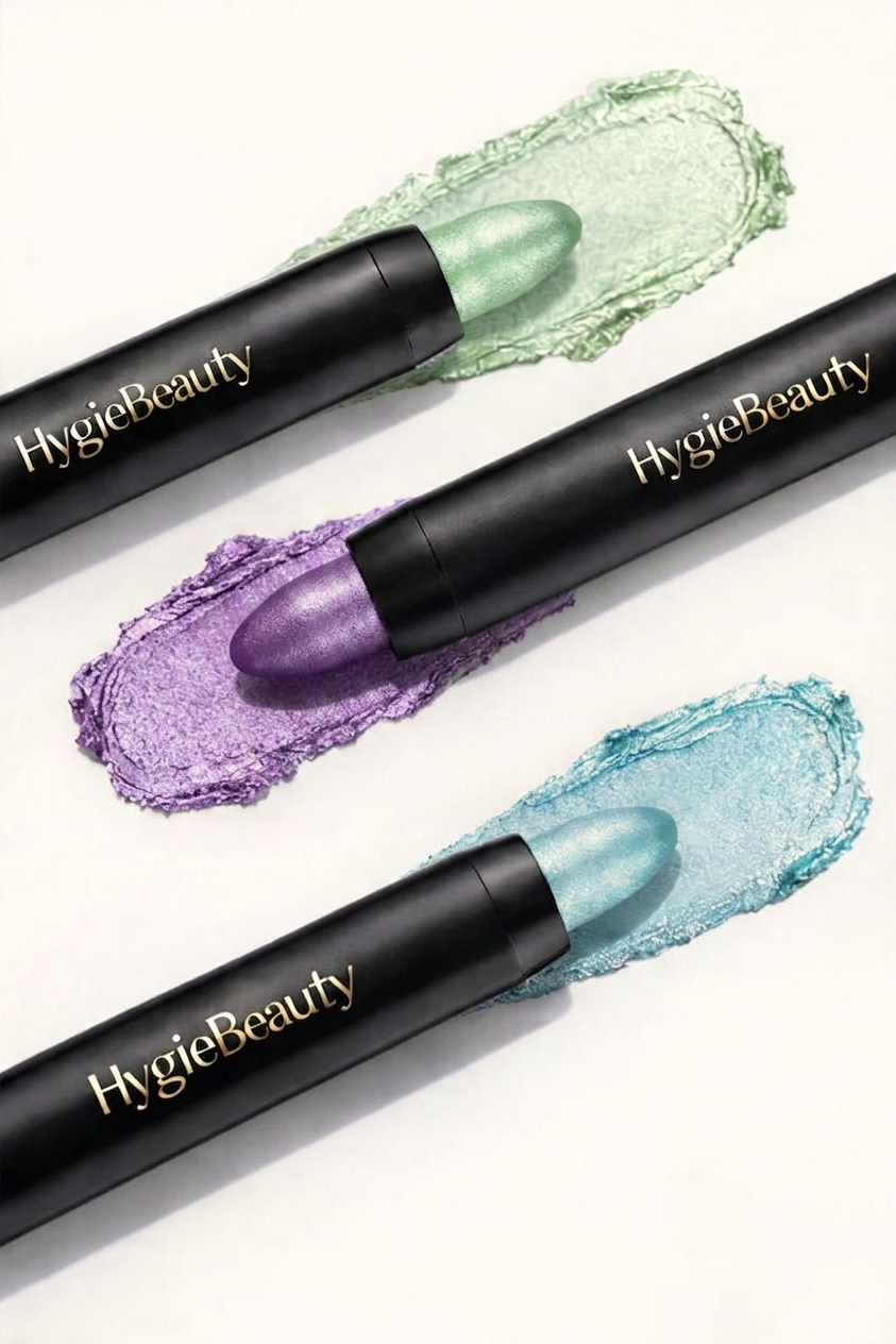 Trois eyeliners noirs gravés HygieBeauty et leurs traces nacrées vert, violet et bleu sur fond blanc