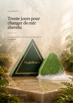 Couverture du guide HygieBeauty « Trente jours pour changer de cuir chevelu », savon coréen vert et son coffret sur pierre humide