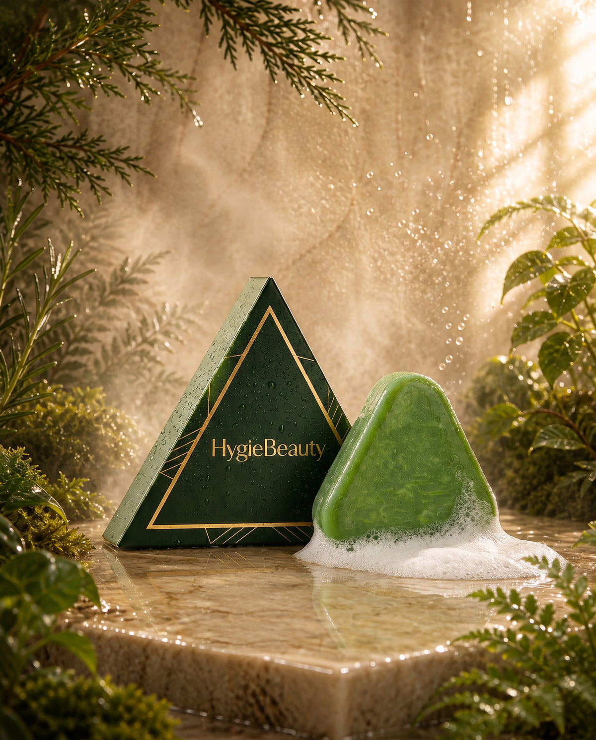 Savon anti-chute HygieBeauty et son coffret vert sur pierre dorée, entourés de plantes fraîches