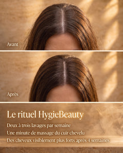 Avant après du rituel HygieBeauty : raie resserrée et cheveux visiblement plus denses après 4 semaines