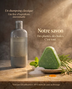 Savon solide HygieBeauty aux plantes face à un shampoing liquide classique à la longue liste d'ingrédients