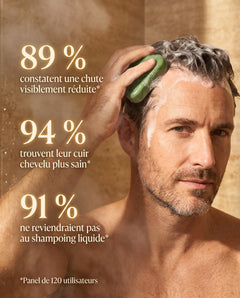 Homme utilisant le savon HygieBeauty sous la douche, cheveux couverts de mousse