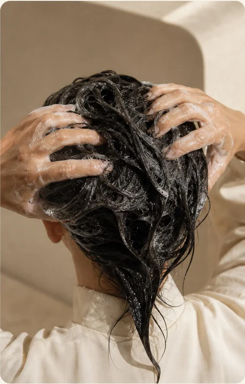 Massage doux du cuir chevelu avec la mousse