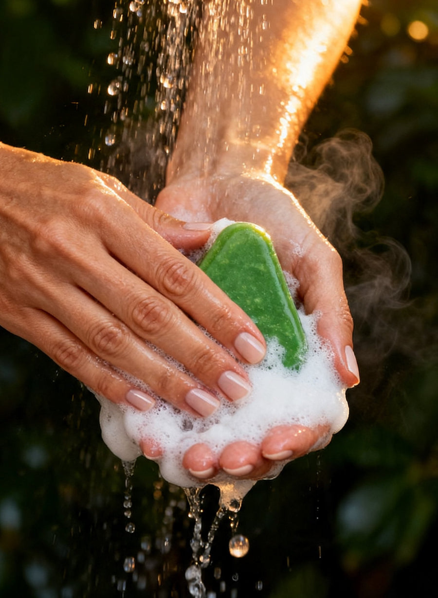 Deux mains font mousser le savon coréen vert entre les paumes sous la douche