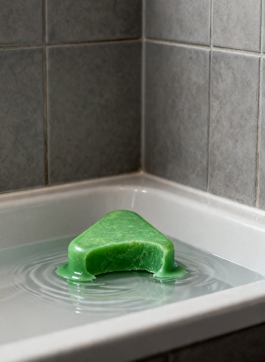 Savon solide laissé à plat dans une flaque au fond d'un bac de douche, en train de fondre