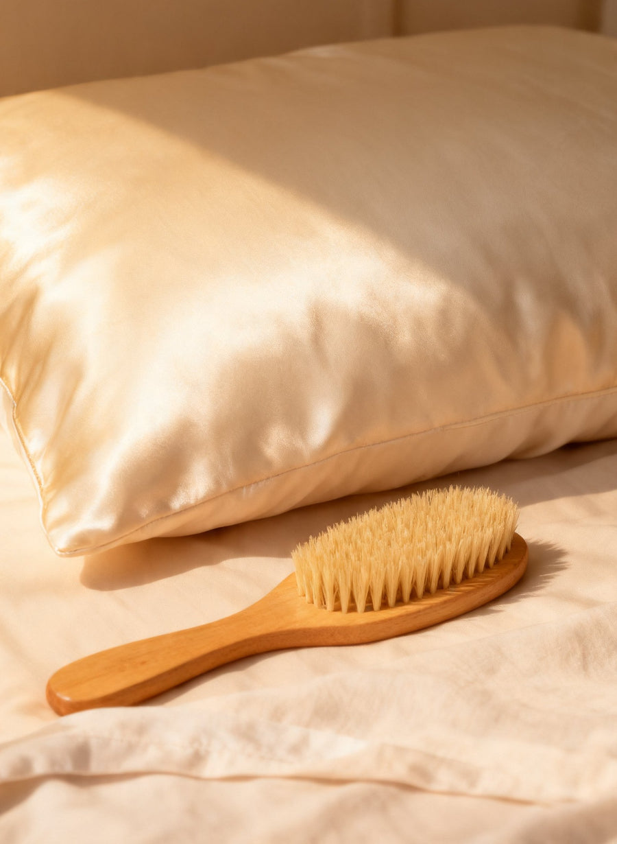 Taie d'oreiller en satin crème et brosse à cheveux en bois sur un lit, lumière du matin